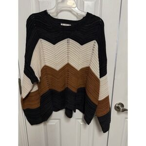 Women's Oversized Chevron Knit Sweater Black Cream Rust Boho Slouchy Pullover